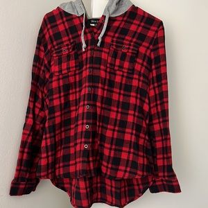 Red&Black Plaid button up w/hoodie